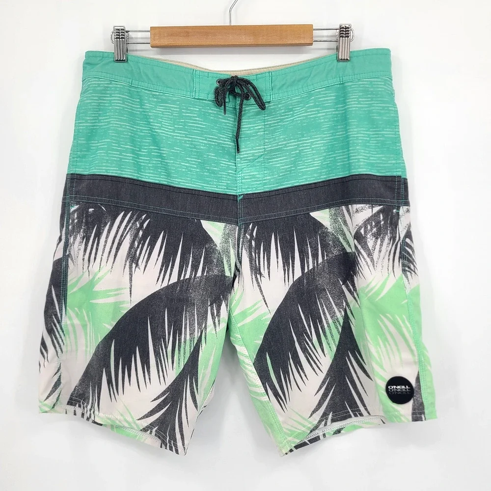Oneill Cruzers Board Shorts Green Tropical Swim Trunks Surf Beach Resort Size 34